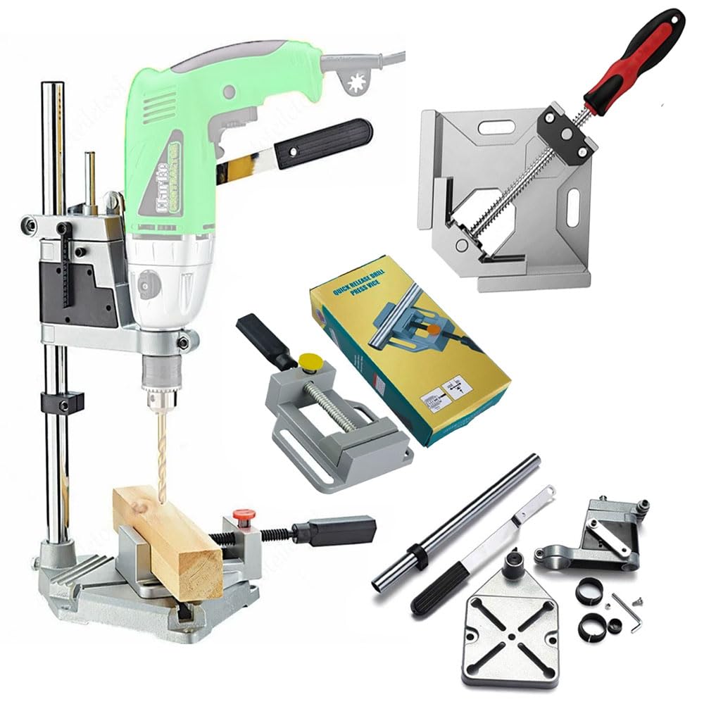MLD Heavy Duty Drill Stand 400mm with Combo Drill Press Vice Clamp and 90 Degree Right Angle Corner Clamp | Drill Machine not including SCV-103 (Multicolor,Aluminum)