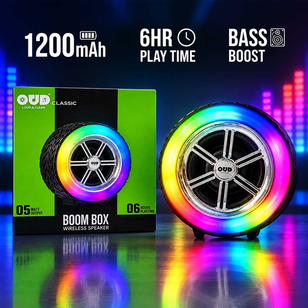 OUD Classic Boom Box RGB Light Tyre Speaker 3D Sound & Shocking Bass LED Lights